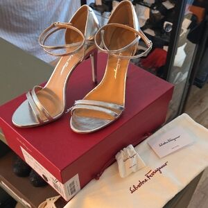 Salvatore Ferragamo Metallic Silver Strappy Heels